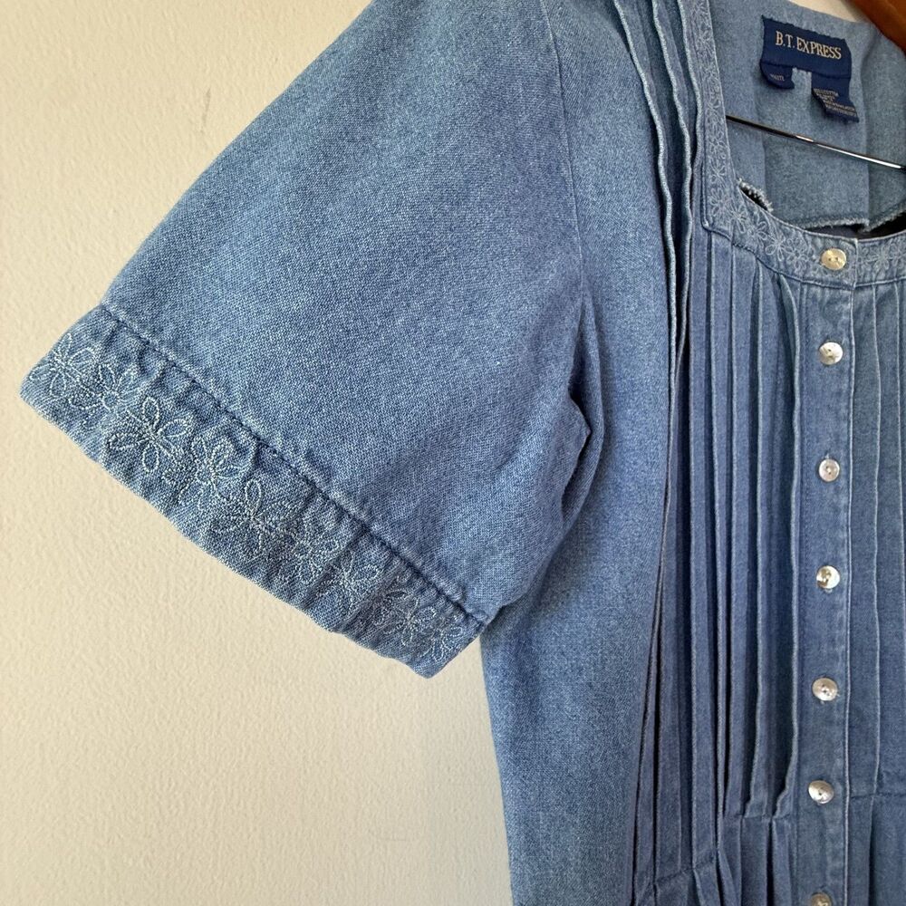 Vintage 90s Chambray Pintuck Pleated Dress | Prairie Cottage Denim Midi - Picture 7 of 16